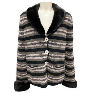 RENA LANGE SLATE / BLACK MULTI MINK FUR TRIMMED WOOL KNIT CARDIGAN SWEATER